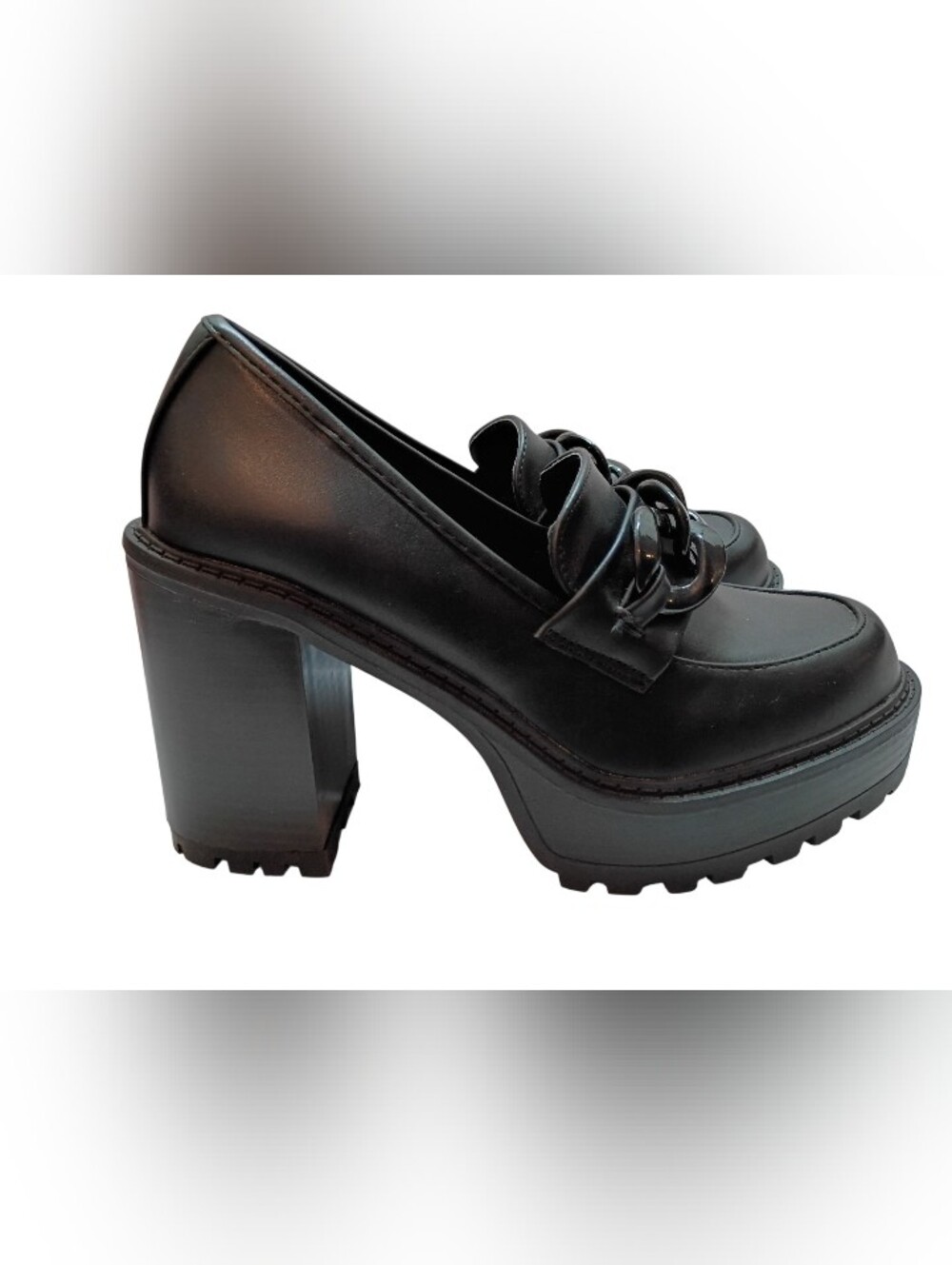 Madden Girl Platform Chunky Heels Size 7.5 Kasper Black Faux Leather Grunge Y2k - Picture 3 of 6